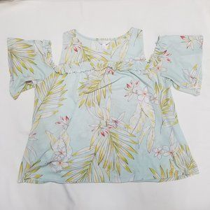 Lauren Conrad 1X Cold Shoulder Top Pale Blue Pastel Floral Fern Ruffle Textured